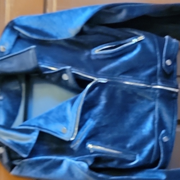 Fate-Blue velour moto jacket cropped with zippers Size Medium. - Picture 4 of 10